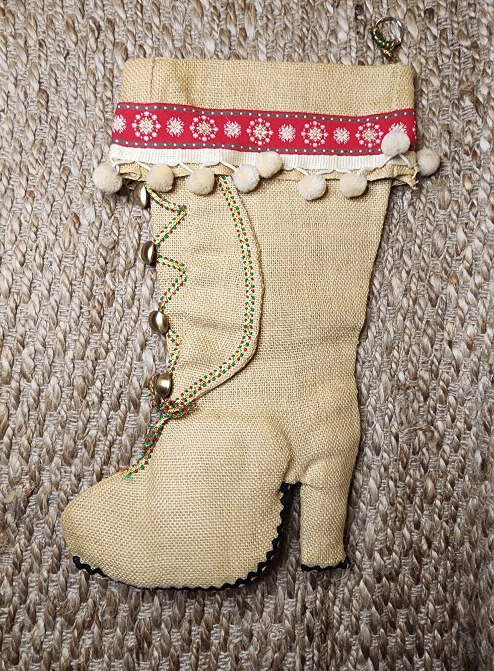 Handmade Holiday Christmas Burlap Boot Stocking Gold Buttons Palms 19"